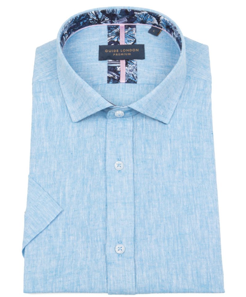guide london short sleeve light blue colored linen & cotton mix shirt