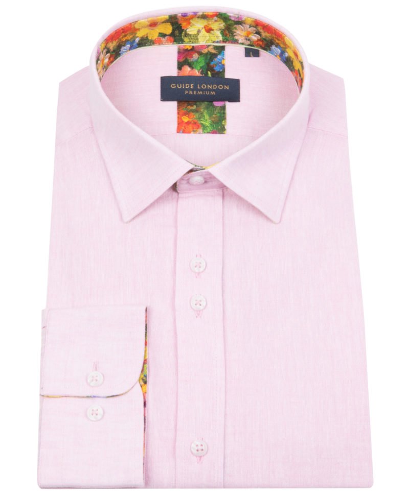 guide london long sleeve pink linen & cotton mix shirt