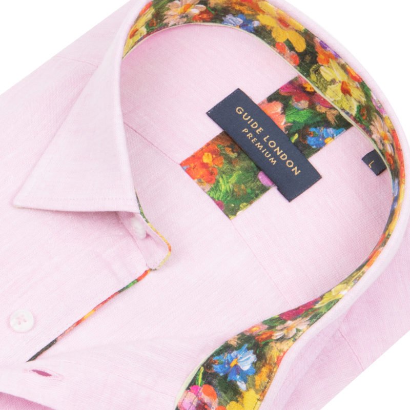 guide london long sleeve pink linen & cotton mix shirt