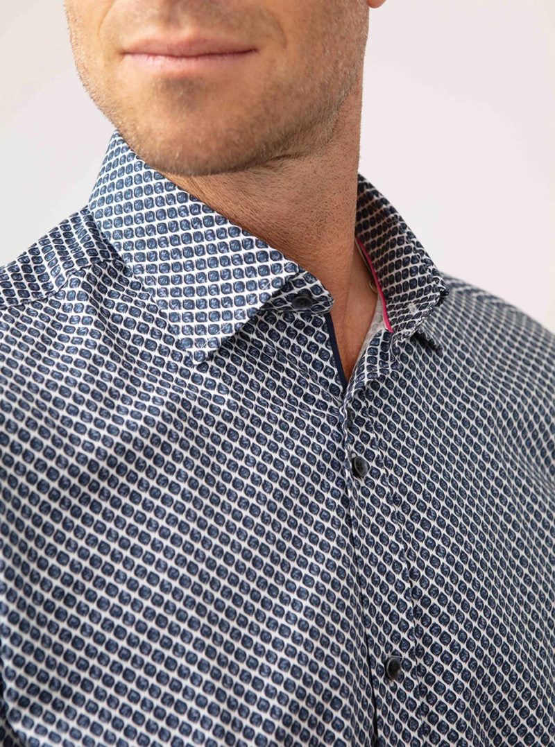 guide london navy blue long sleeve geometric print cotton shirt