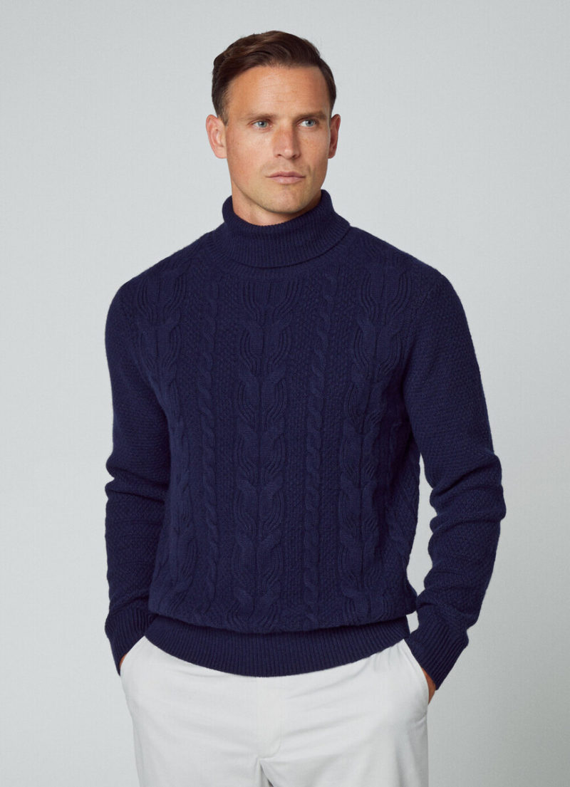 hackett london navy blue merino and cashmere mix cable roll neck