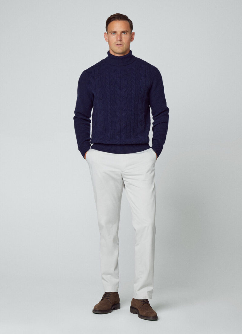hackett london navy blue merino and cashmere mix cable roll neck