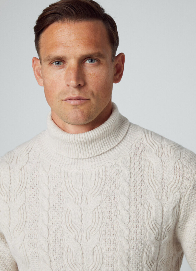 hackett london off white merino and cashmere mix cable roll neck